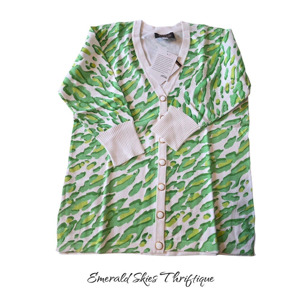 Bob Mackie Wearable Art Green Leopard Print Knit Cardigan new Sz Small free ship